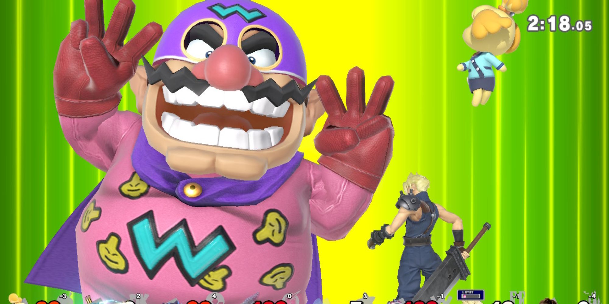 Wario Man flashing a W sign in front of Cloud and Isabelle