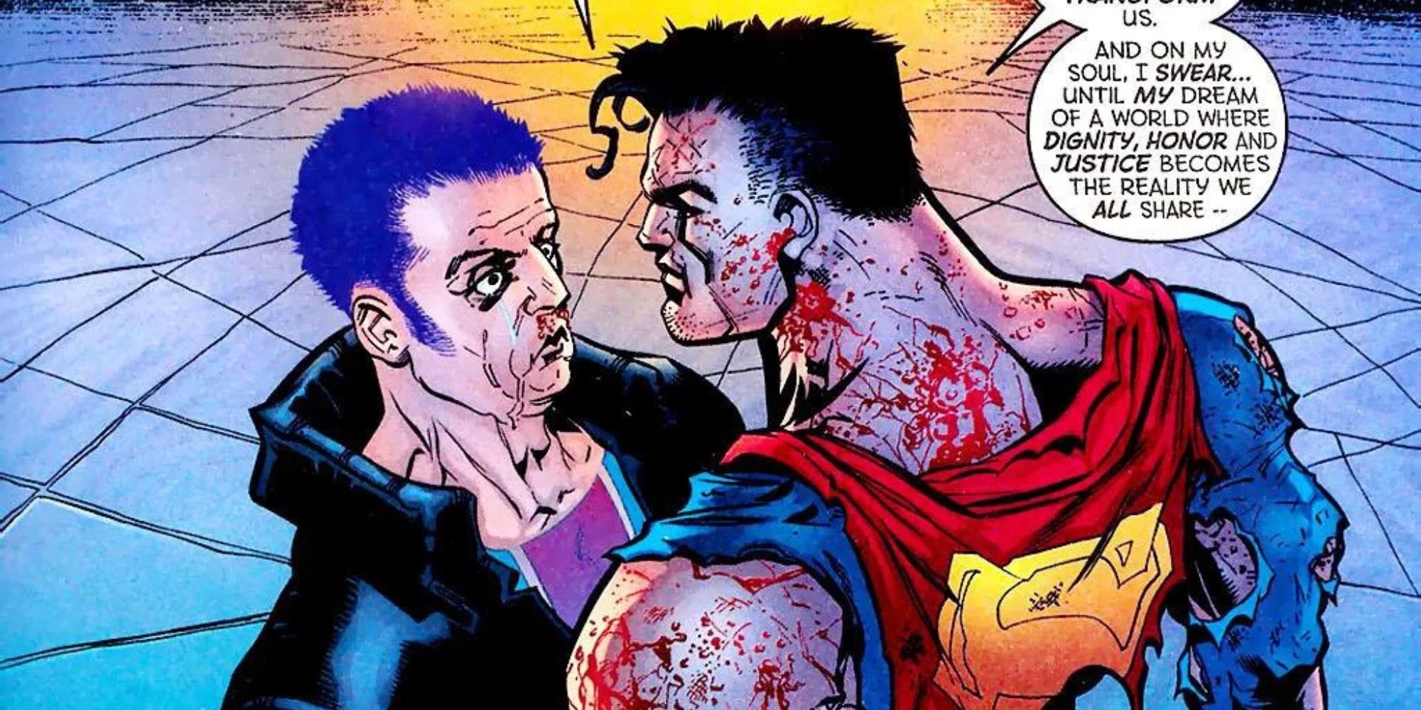 A bloodied Superman confronting a thug in a comic