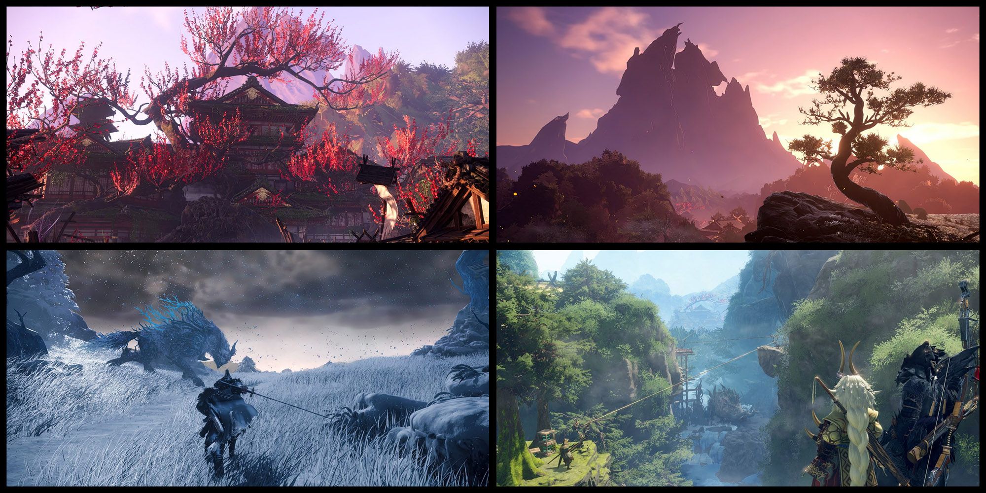 Wild Hearts - Four Example Images Showing Different Seasons And Times Of Day In-Game