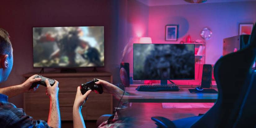 Wild Hearts - Mockup Image Of Players Playing Game On Console And On PC