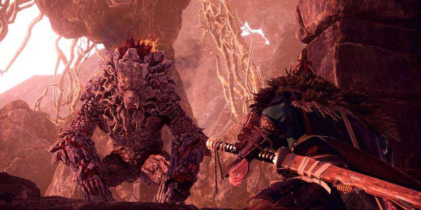 Wild Hearts - Promotional Screenshot Of Hunter Facing Down Monkey Kemono