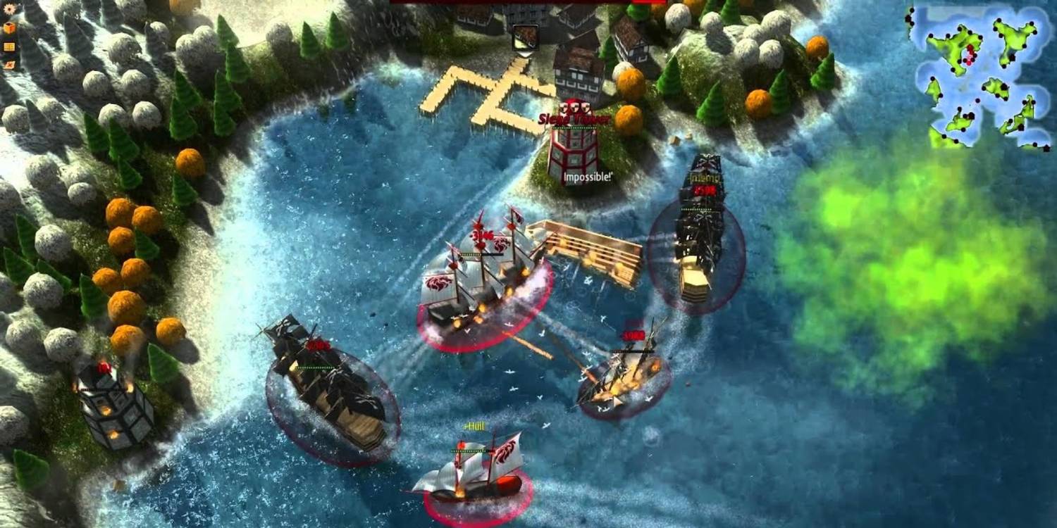 windward gameplay of sea battle overhead view near forest