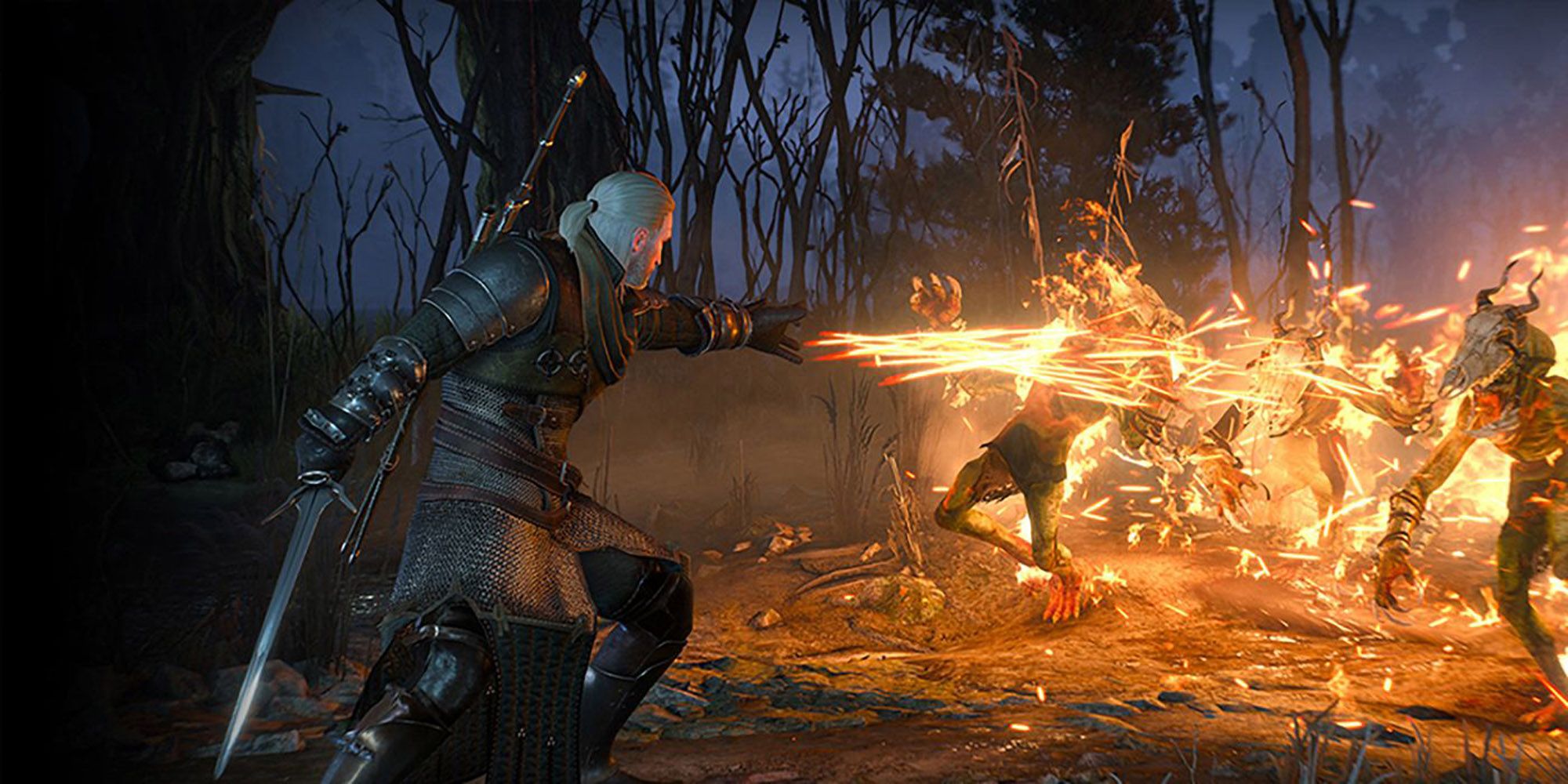 Witcher 3 - Geralt Burning A Group Of Enemies With Firestream