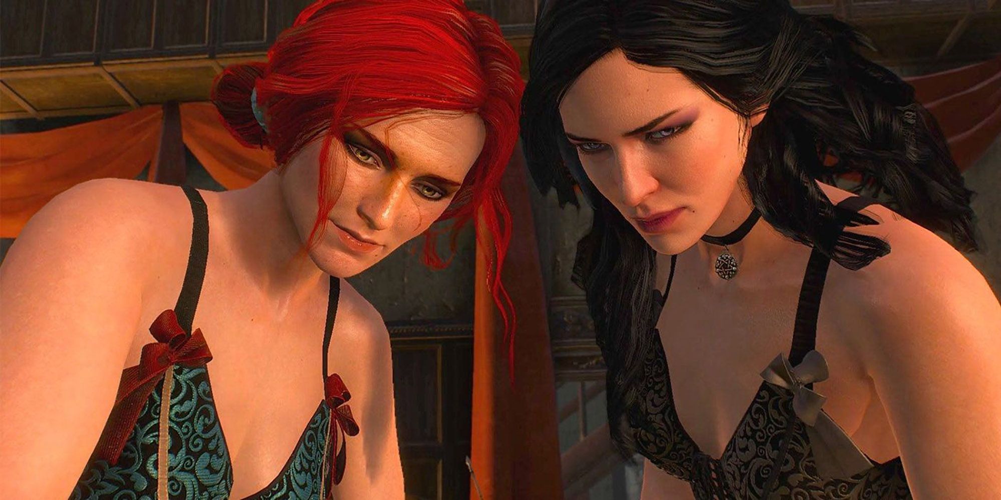 Witcher 3 - Still Frame From Cinematic Where Geralt Tries To Have Both Triss And Yennefer