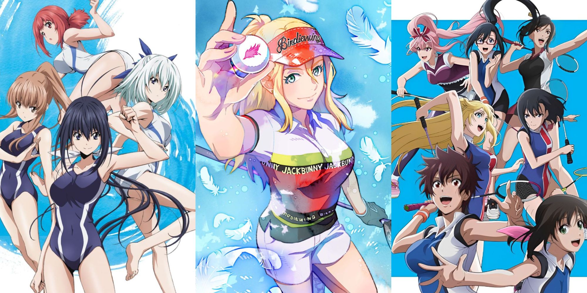 Important characters from Keijo, Birdie Wing, and Hanebado getting ready to play sports
