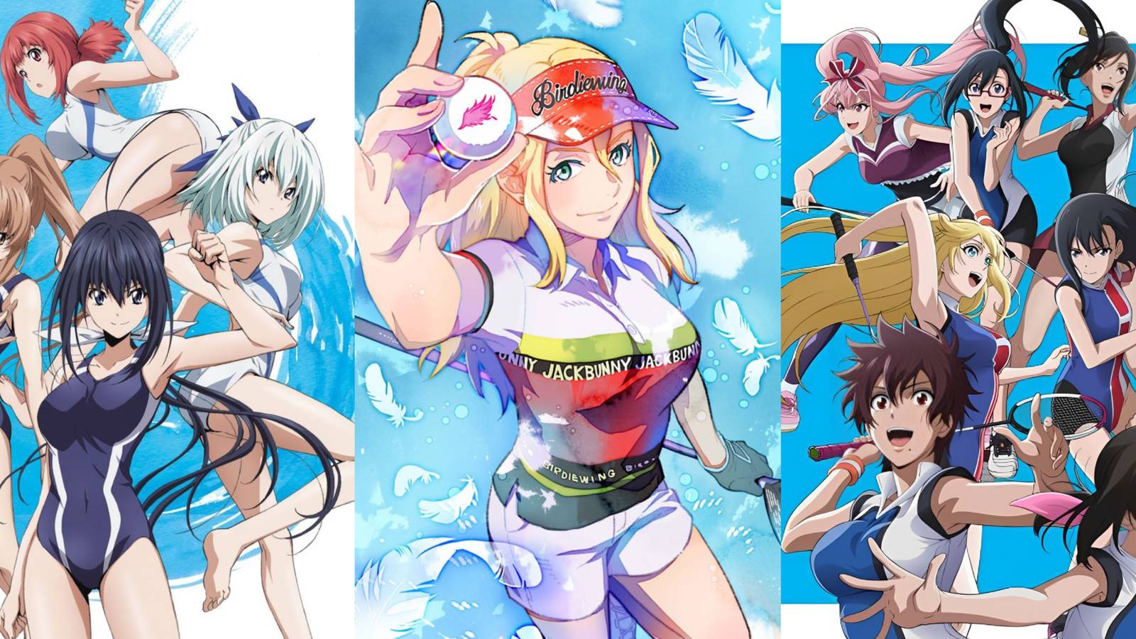 Important characters from Keijo, Birdie Wing, and Hanebado getting ready to play sports