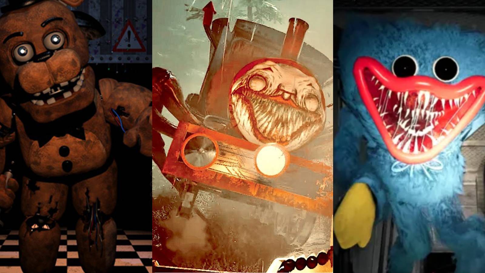 Split image of Freddy Fazbear from Five Nights at Freddy's, Charles from Choo Choo Charles and Huggy Wuggy from Poppy's playtime. 