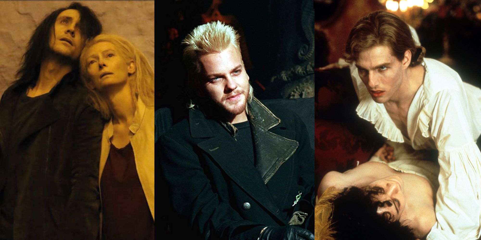 Image featuring main characters from iconic vampire movies Only Lovers Left Alive, The Lost Boys and Interview with the Vampire.
