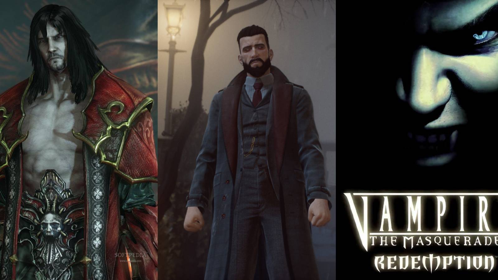 Split image featuring images from the game Castlevania, Vampyr, and Vampire: The Masquerade - Redemption.