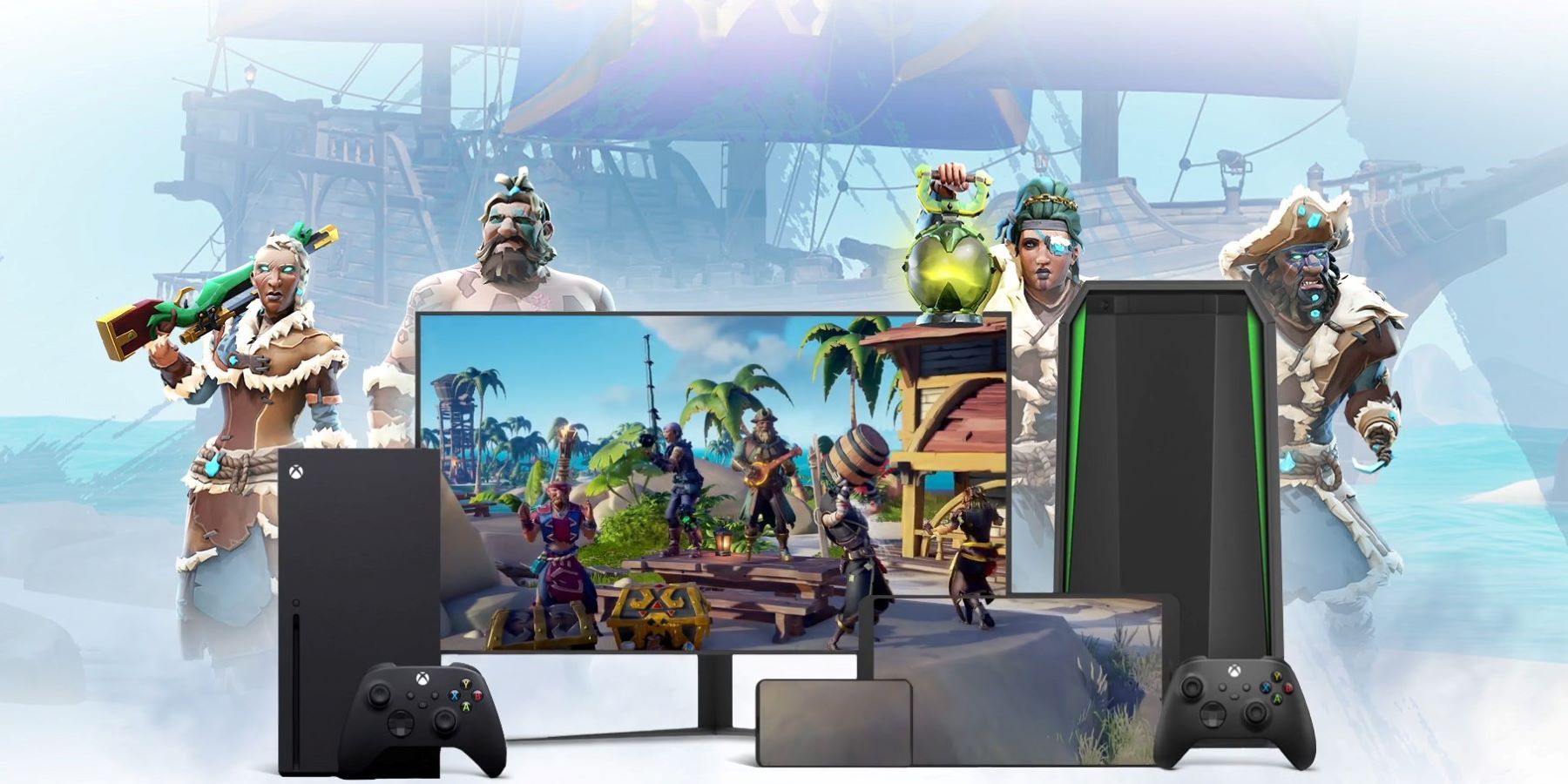 Xbox Cloud Gaming official promo art with several platforms and Sea of Thieves characters