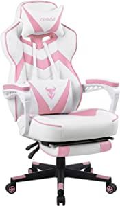 Zeanus Pink and White Gaming Chair with Footrest