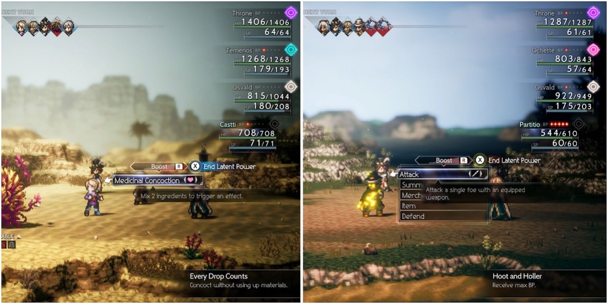 Castti and Partitio activating their Latent Powers in battle in Octopath Traveler 2