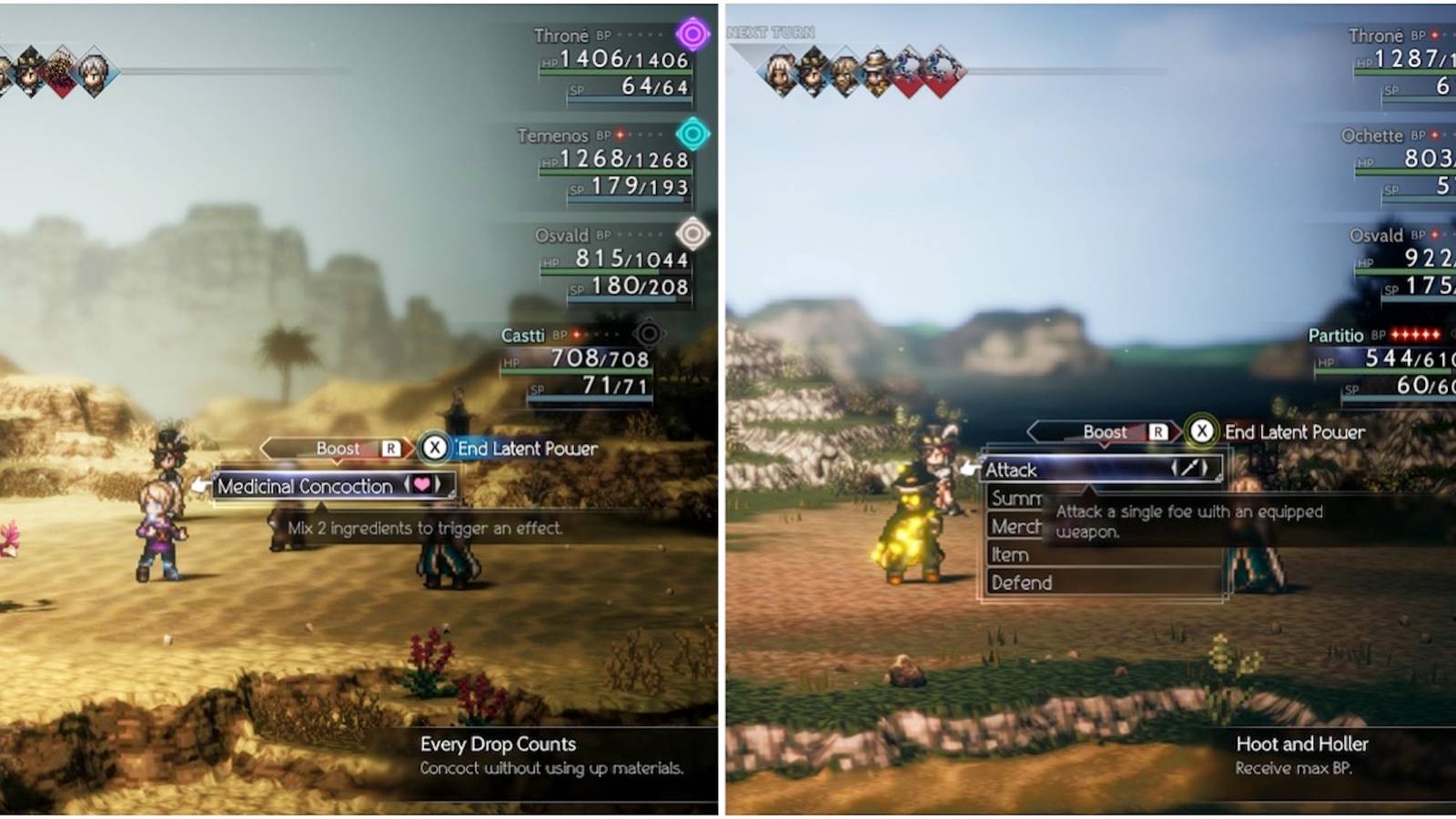 Castti and Partitio activating their Latent Powers in battle in Octopath Traveler 2
