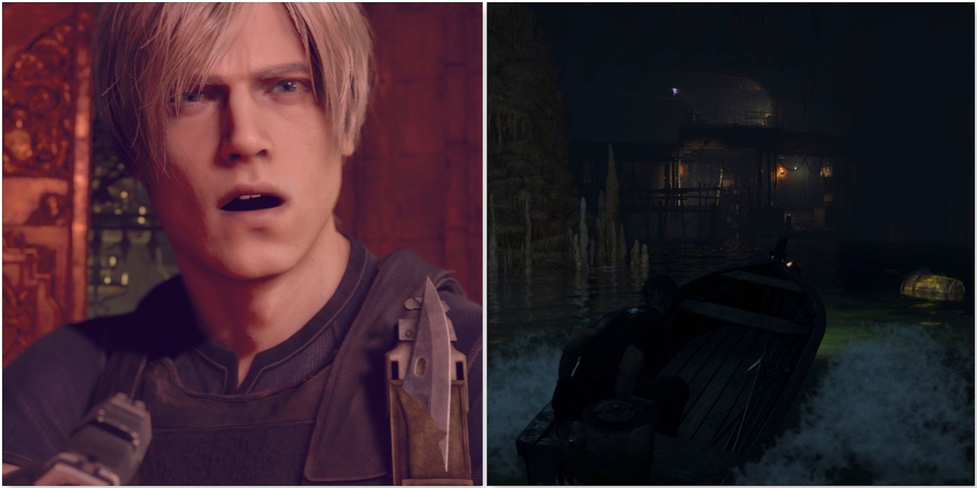 Leon and exploring in the boat in the Resident Evil 4 remake