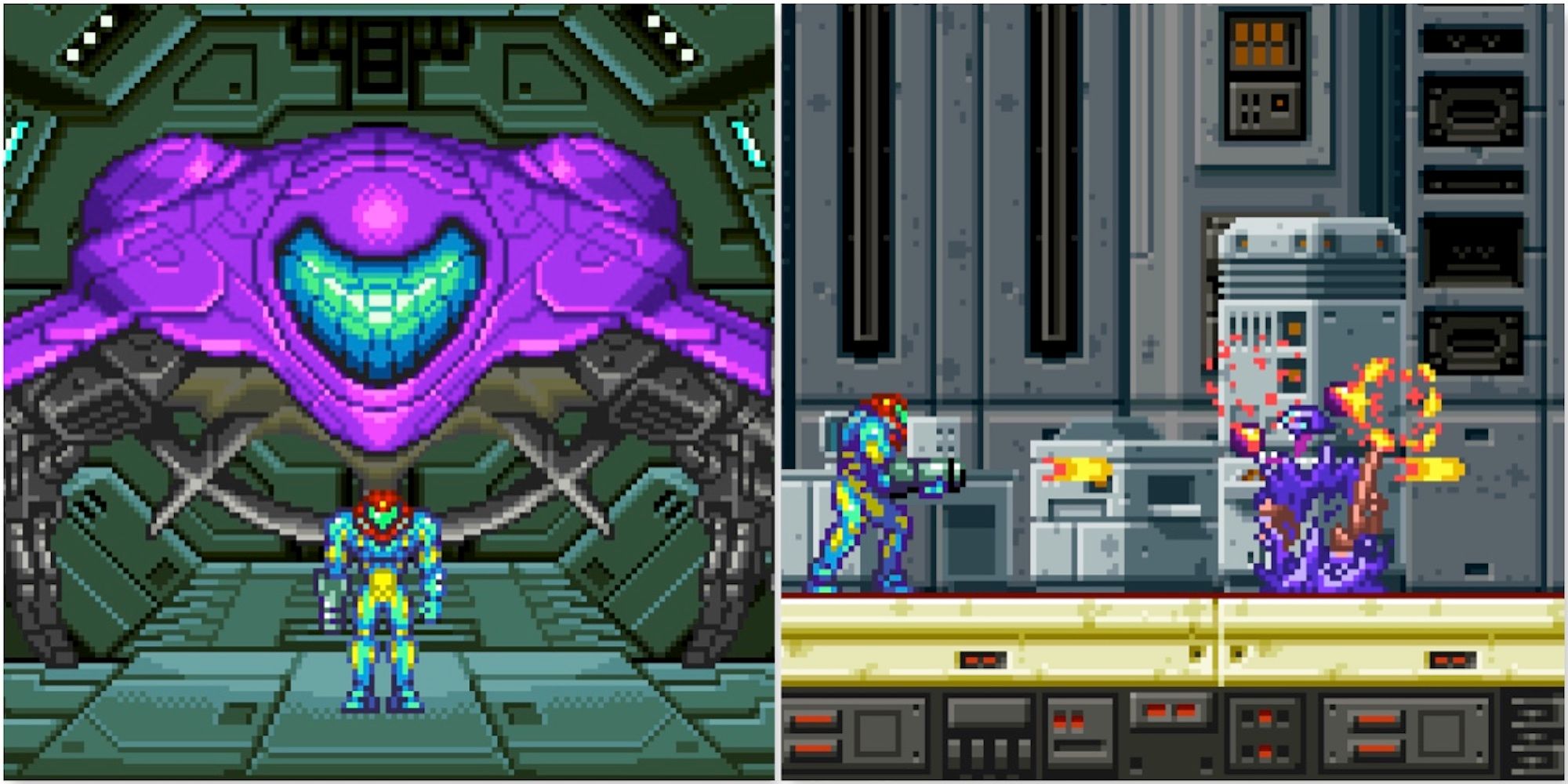 Samus by her ship and fighting enemies in Metroid Fusion