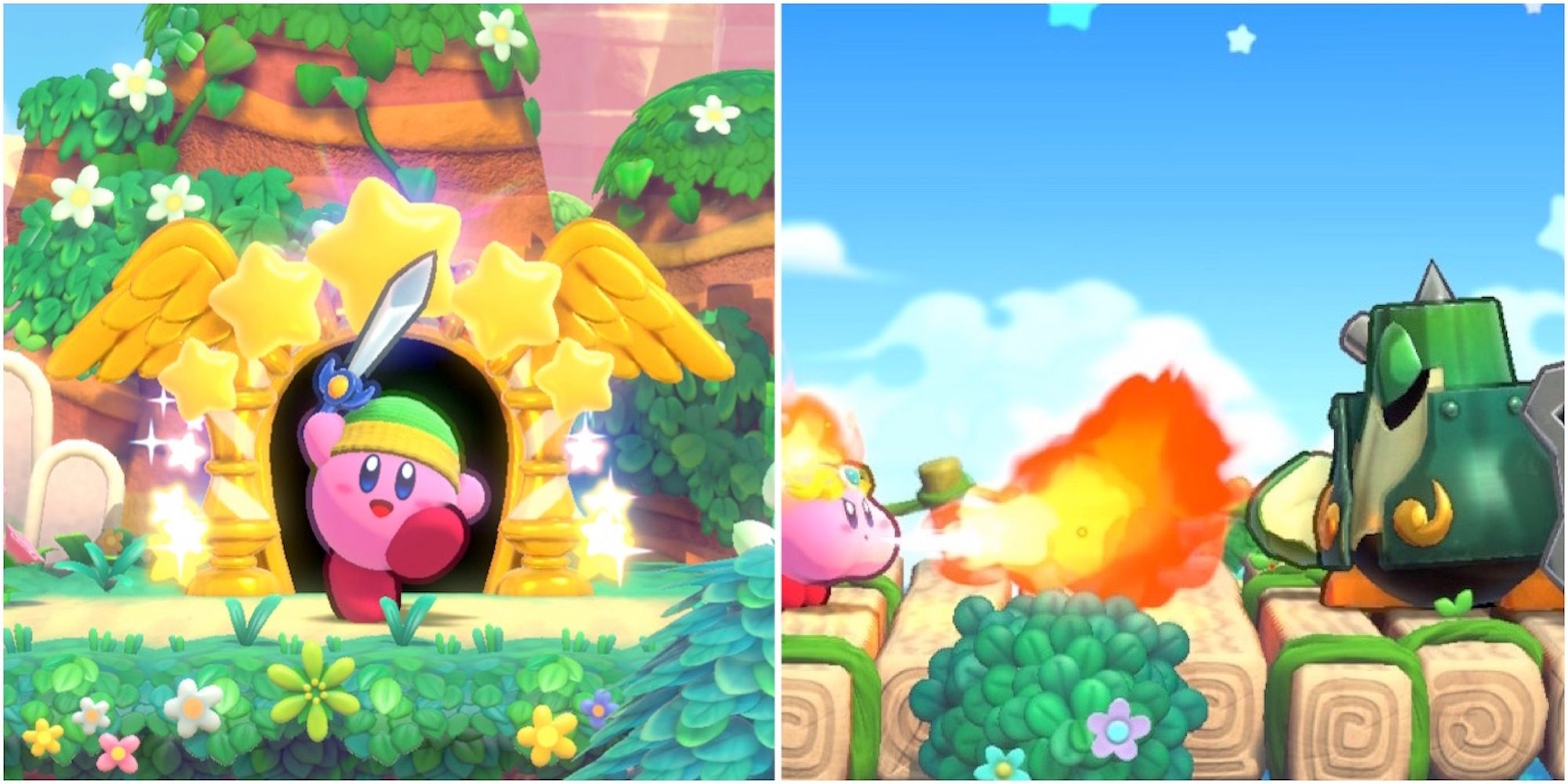 Sword Kirby and fighting enemies in Kirby's Return to Dream Land Deluxe