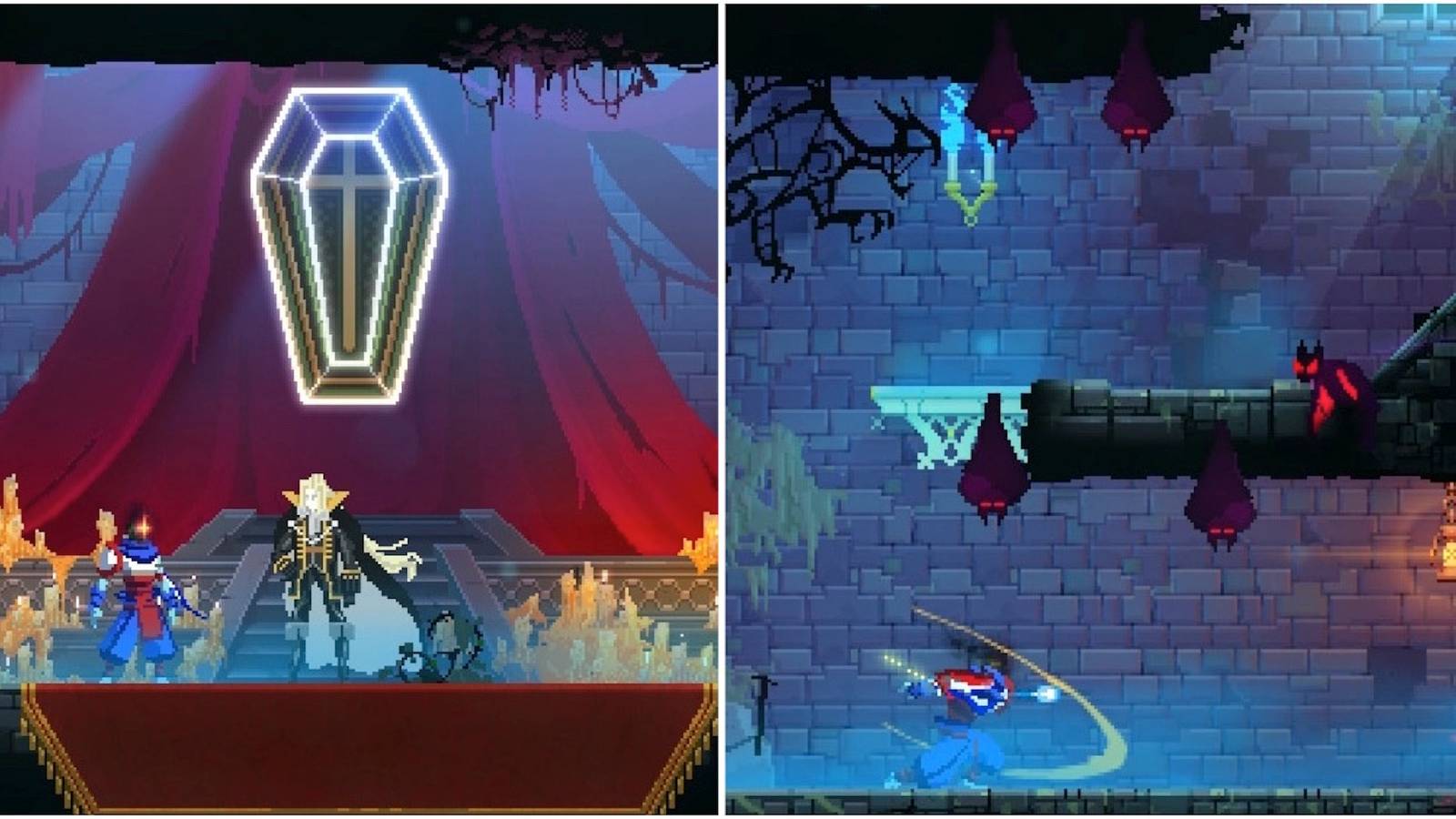 Talking to Alucard in Dead Cells Return to Castlevania and fighting enemies in Dead Cells Return to Castlevania 