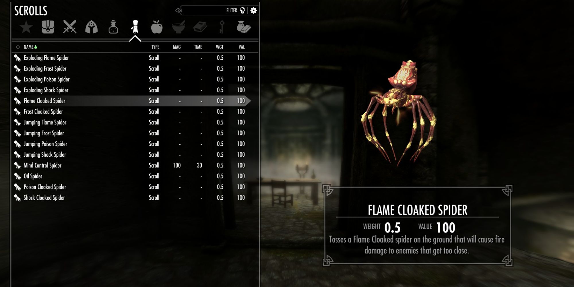 Skyrim flame cloaked spider scroll inventory