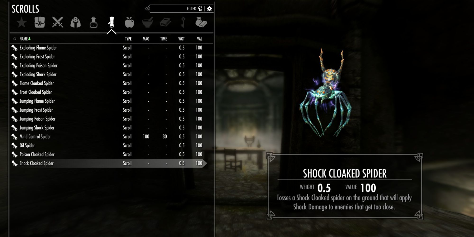 Skyrim shock cloaked spider scroll inventory