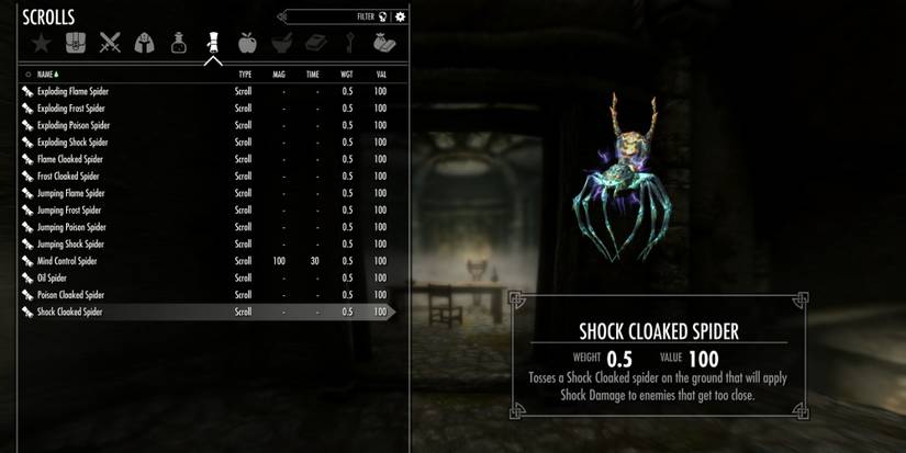 Skyrim shock cloaked spider scroll inventory