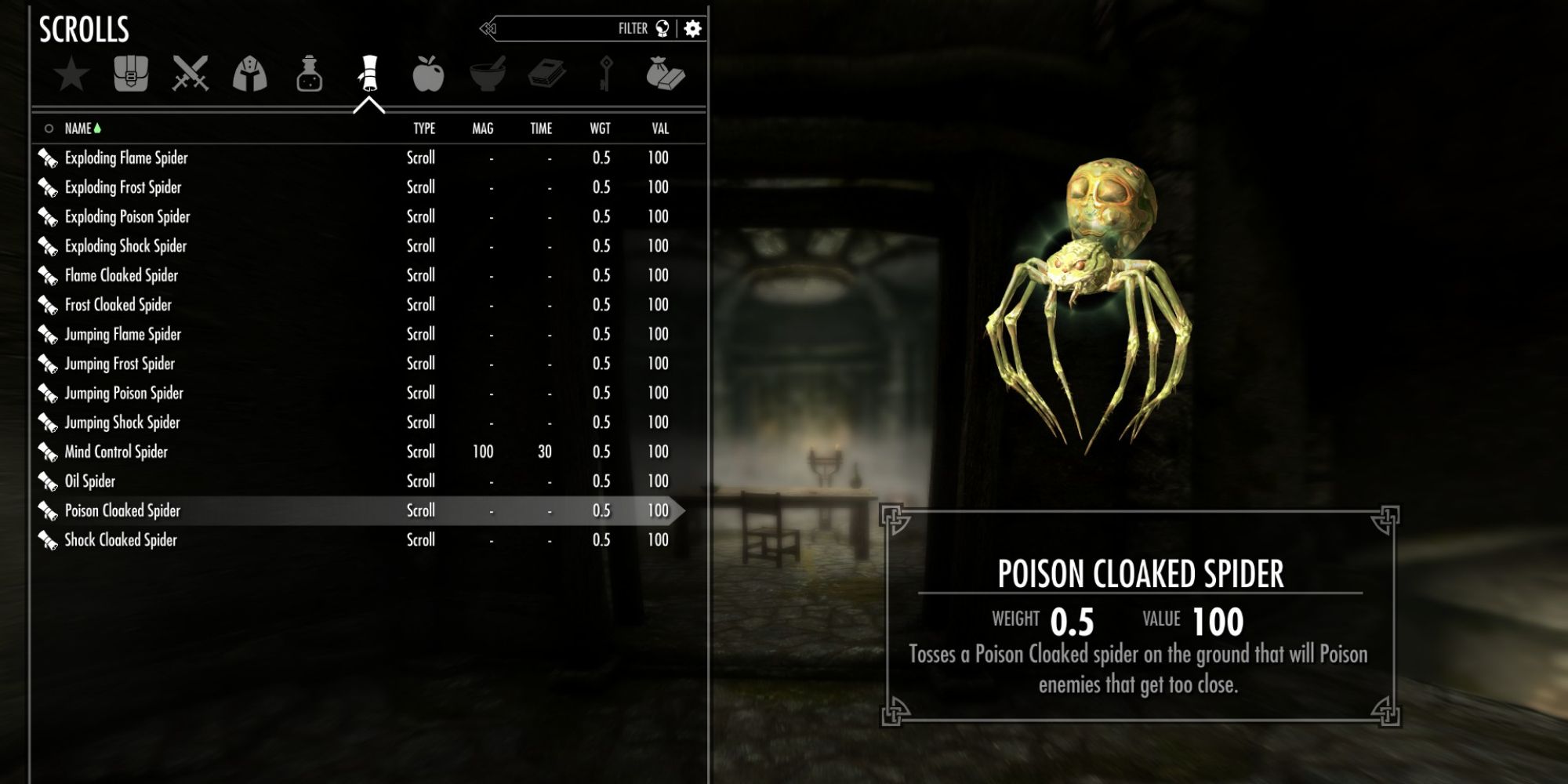 Skyrim poison cloaked spider scroll inventory