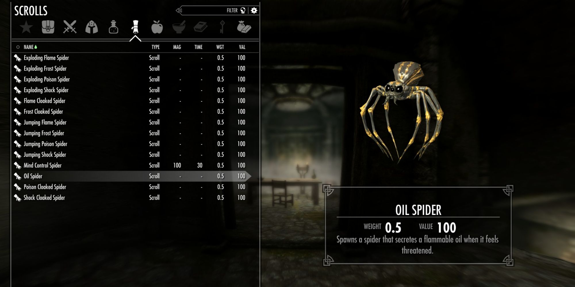 Skyrim Oil spider scroll inventory