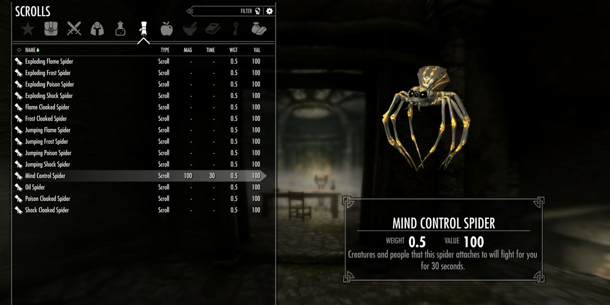 Skyrim mind control spider scroll inventory