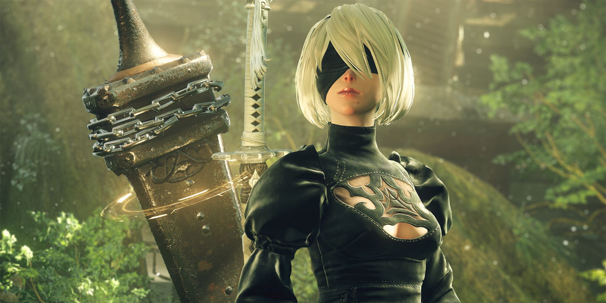 2B Nier Automata standing amid nature, large sword behind her