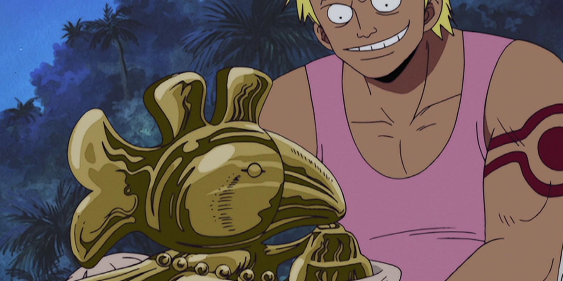 Bellamy From One Piece Holding A Gold Artifact