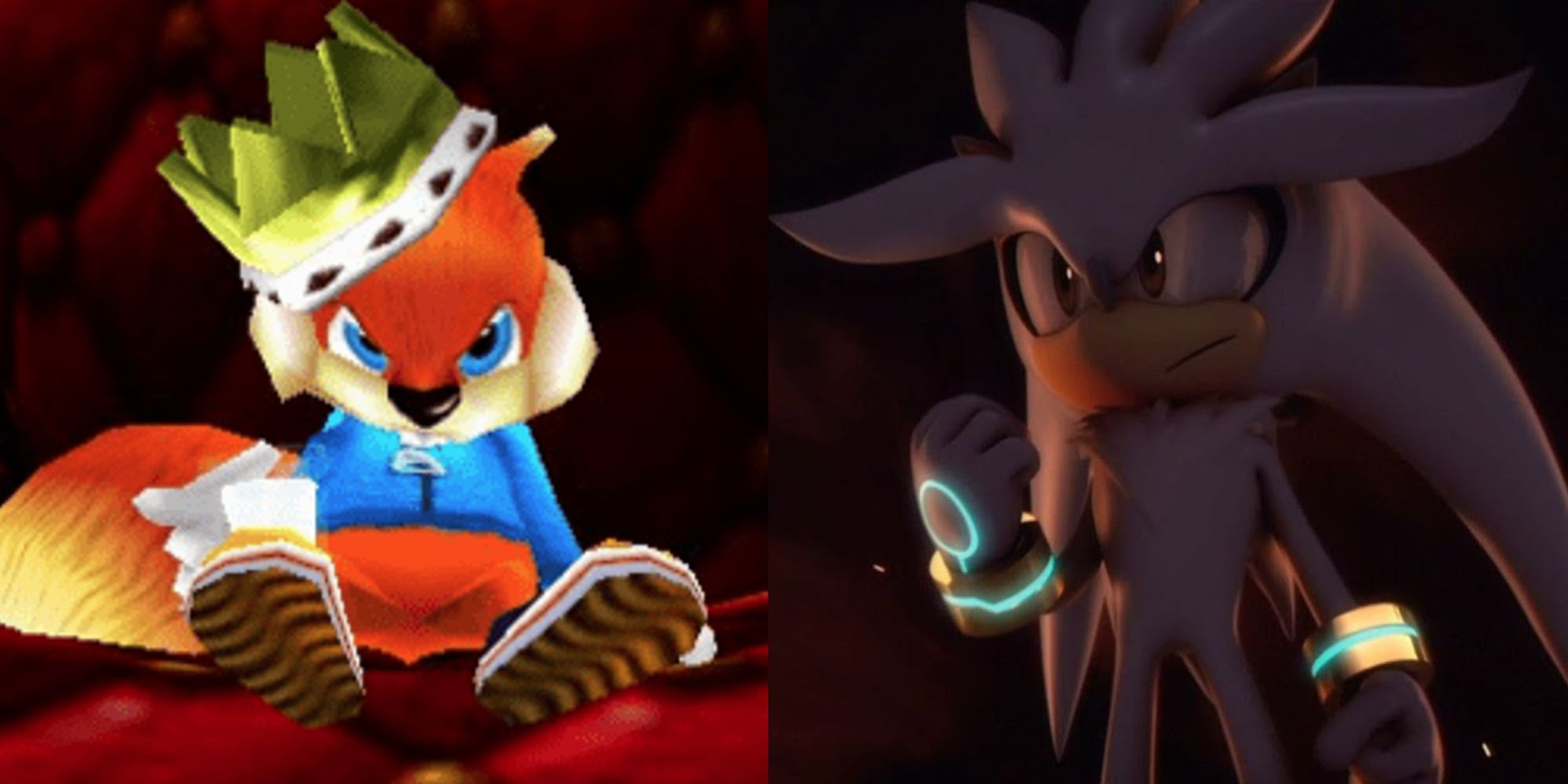 Conker wearing a crown drinking alcohol; Silver the Hedgehog holding his fist