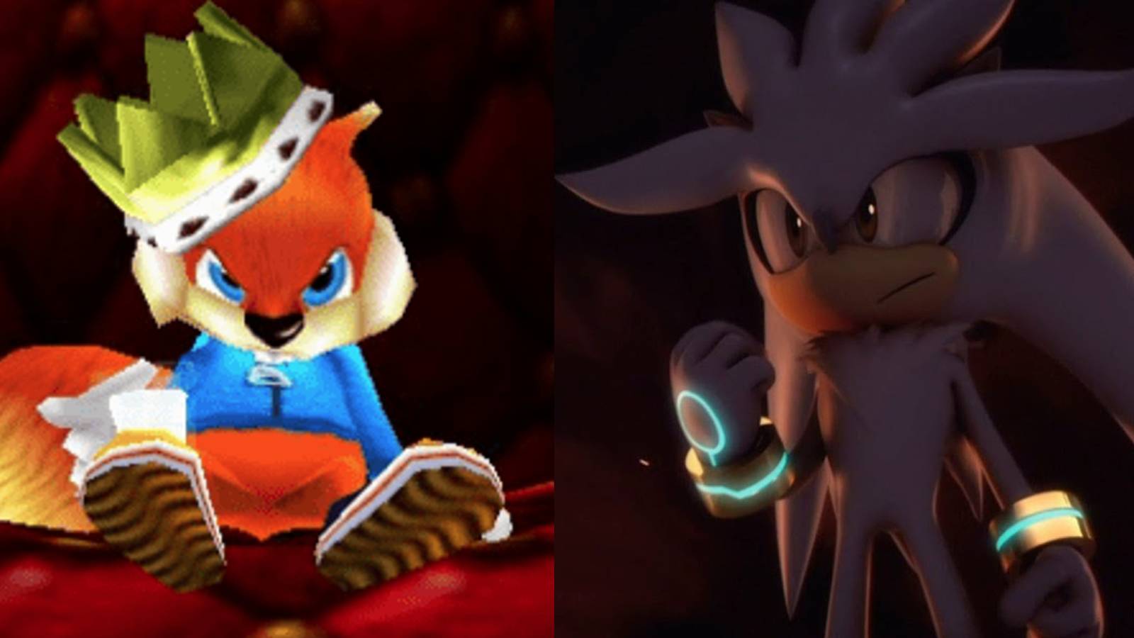 Conker wearing a crown drinking alcohol; Silver the Hedgehog holding his fist
