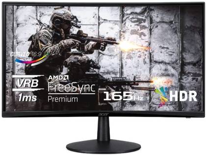 The  Acer Nitro ED240Q showing its stats and a pair of guys of military fatigues shooting weapons.