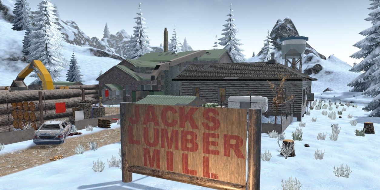 7 Days to Die Jacks Lumber Mill from the entrance in daytime