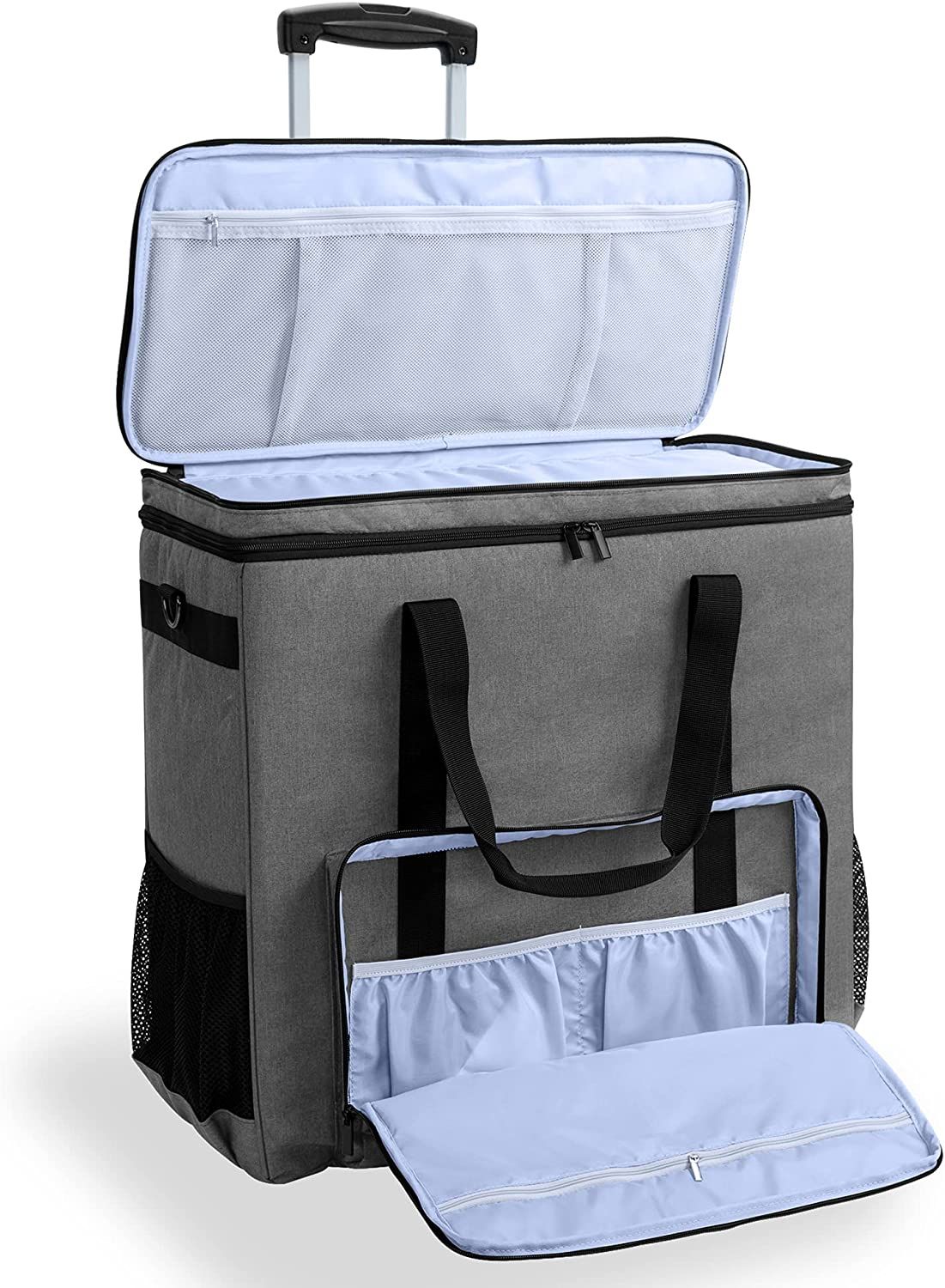 The CURMIO Rolling Desktop Computer Carrying Case with its main and front pouches open, showing their soft, double-lining.
