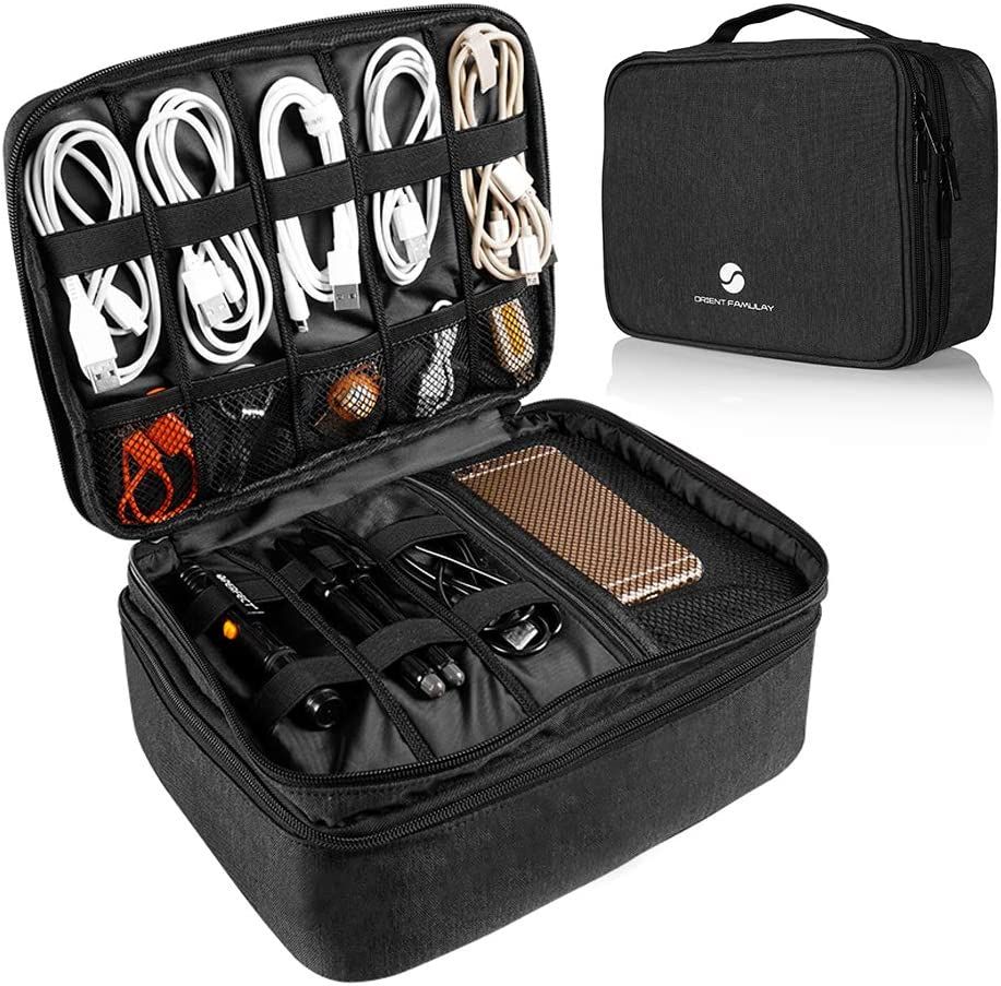 The ORIENT FORMULAY Travel Electronics Waterproof Cable Organizer Bag shown with example equipment inside.