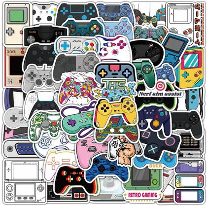 The 50 Pcs Retro Gamepad Stickers Game Controller Decals set contains images of controllers and handheld consoles, old and new.
