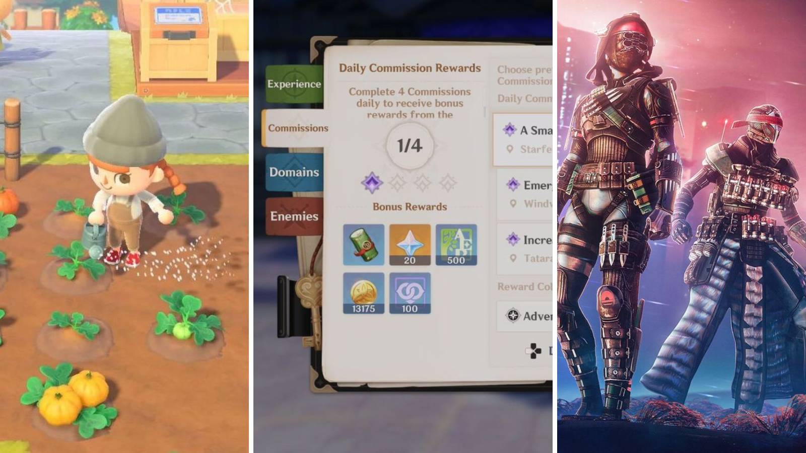 A grid showing the three games Animal Crossing: New Horizons, Genshin Impact, and Destiny 2