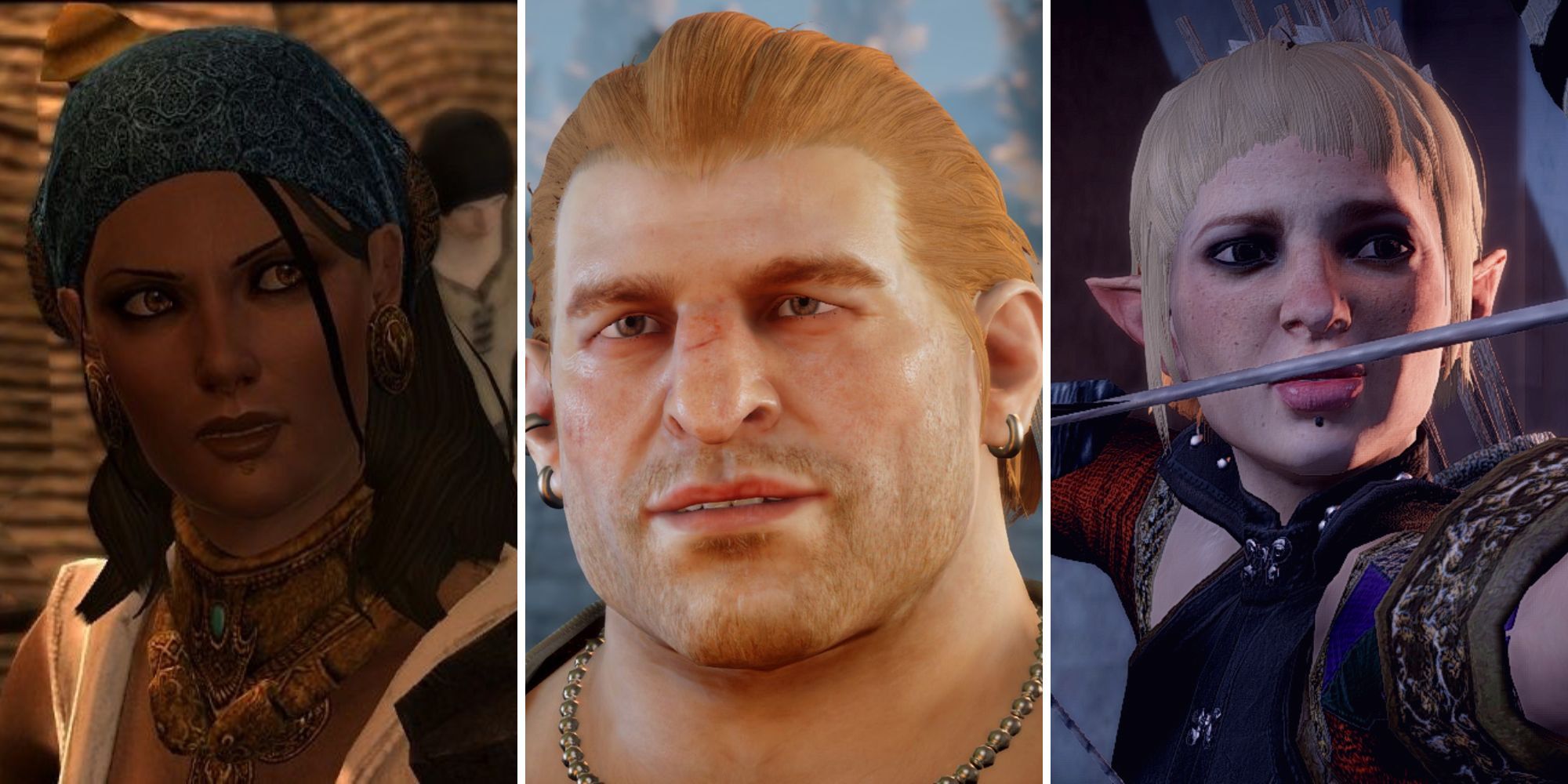 A grid showing close ups of the characters Isabela, Varric and Sera from Dragon Age 2 and Dragon Age: Inquisition
