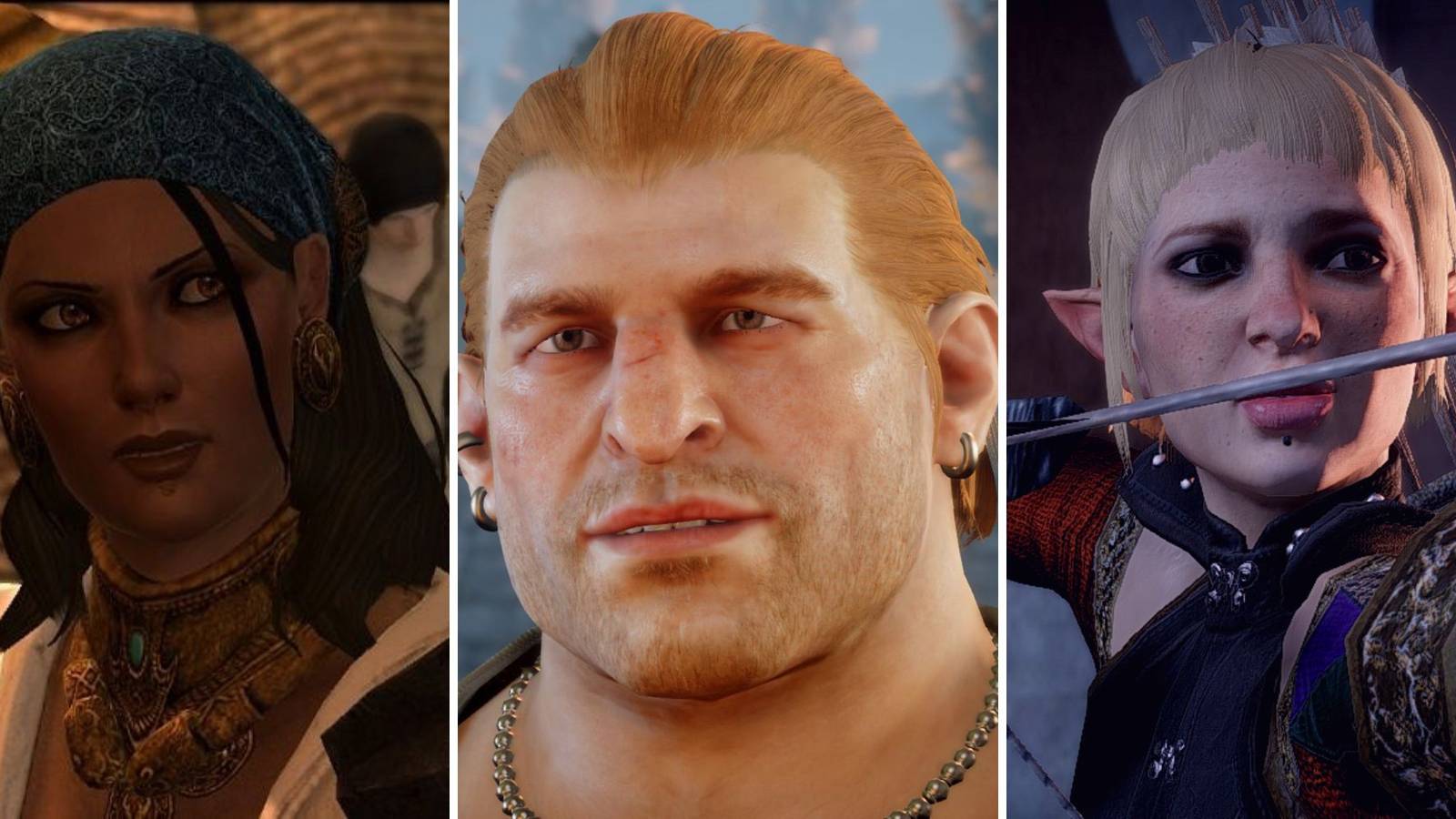 A grid showing close ups of the characters Isabela, Varric and Sera from Dragon Age 2 and Dragon Age: Inquisition