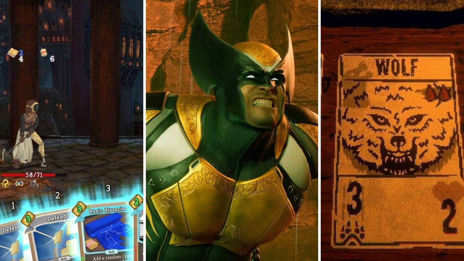 A grid showing the three Strategy Card games Slay The Spire, Marvel's Midnight Suns, and Inscryption