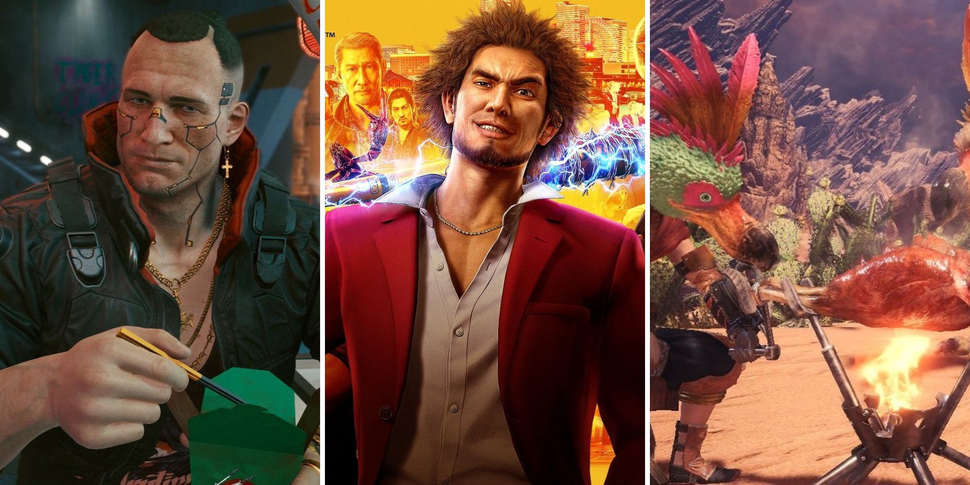 A grid of three images showing the RPGs Cyberpunk 2077, Yakuza: Like A Dragon, and Monster Hunter