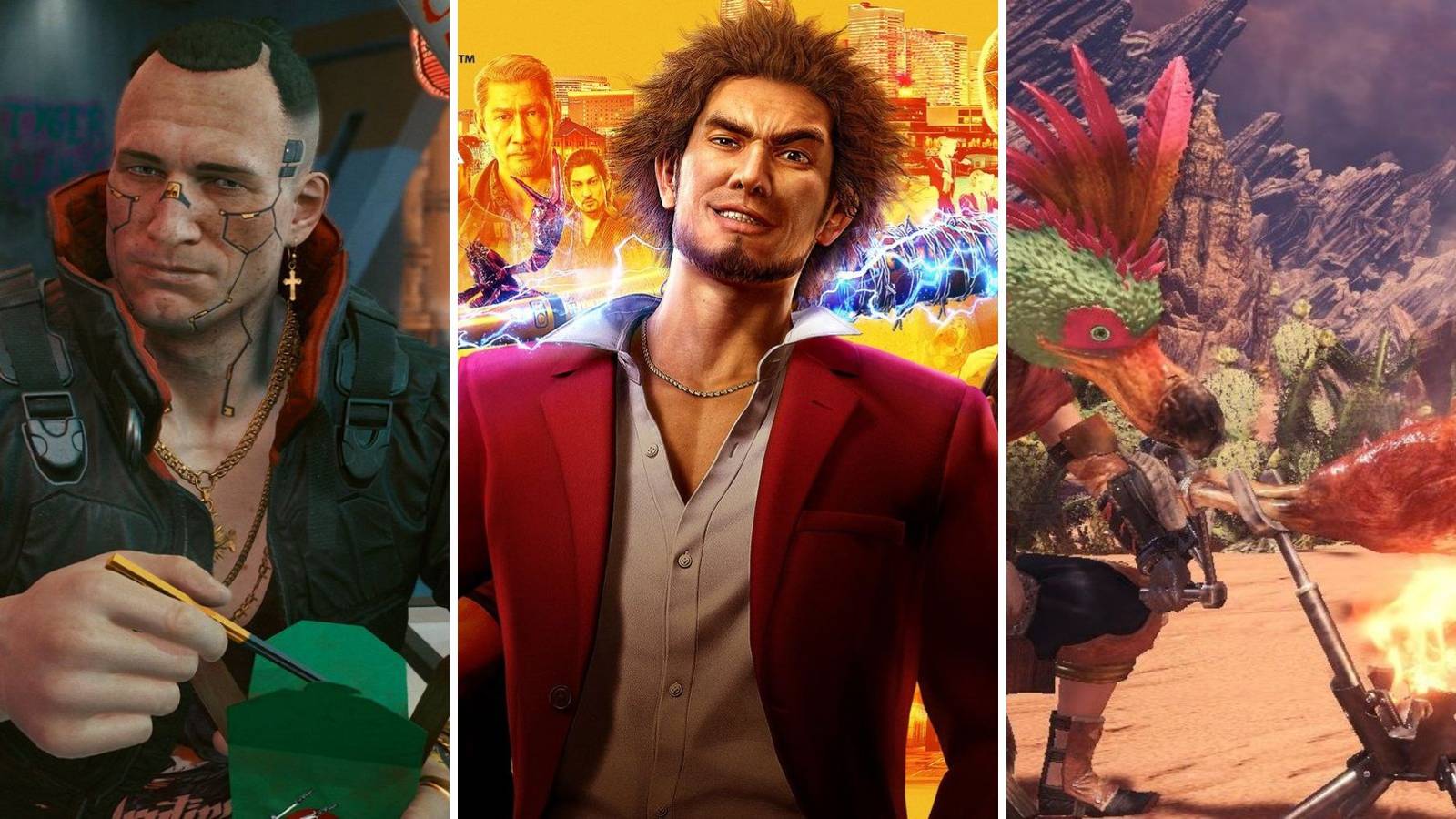 A grid of three images showing the RPGs Cyberpunk 2077, Yakuza: Like A Dragon, and Monster Hunter