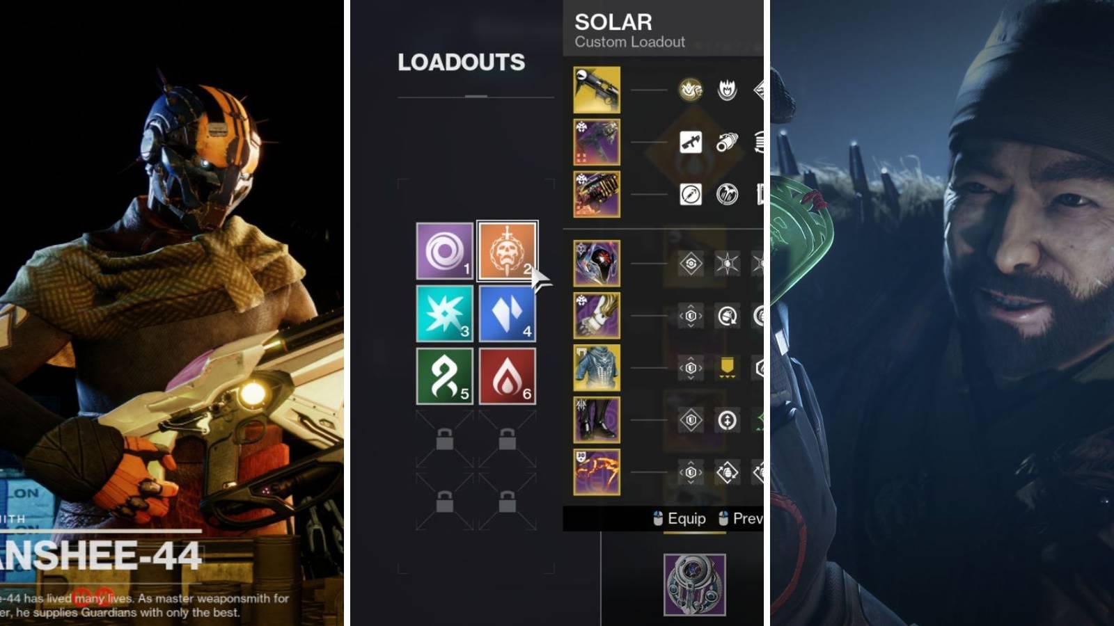 A grid of images showing BANSHEE-44, loadouts and the Drifter in Destiny 2