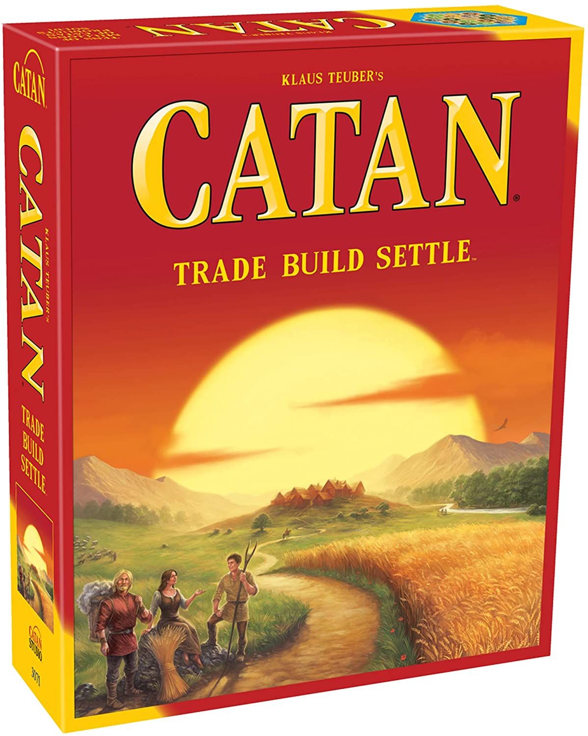 The Catan base game box features a group of people coming to settle Catan.