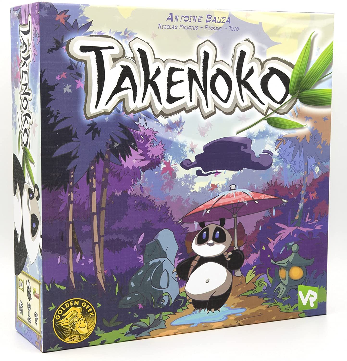The Takenoko game box features cartoon graphics of the game's panda, along with an image of the eponymous Takenoko bamboo sprout.