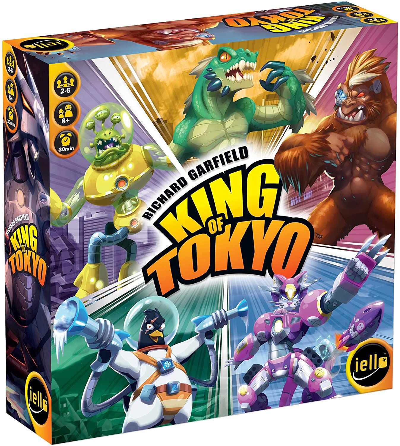 The box for the game King of Tokyo, displaying the 5 kaiju of the base game.