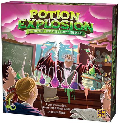 The Potion Explosion game box shows students around a mad professor and his whacky chemistry gear.