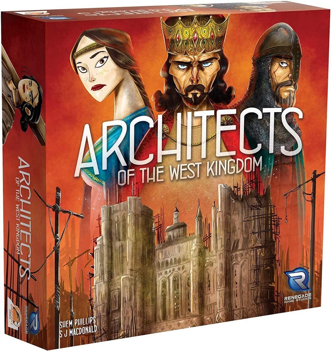 The front of the Architects of the West Kingdom game box features a kingdom and three cartoon protagonists from the game.