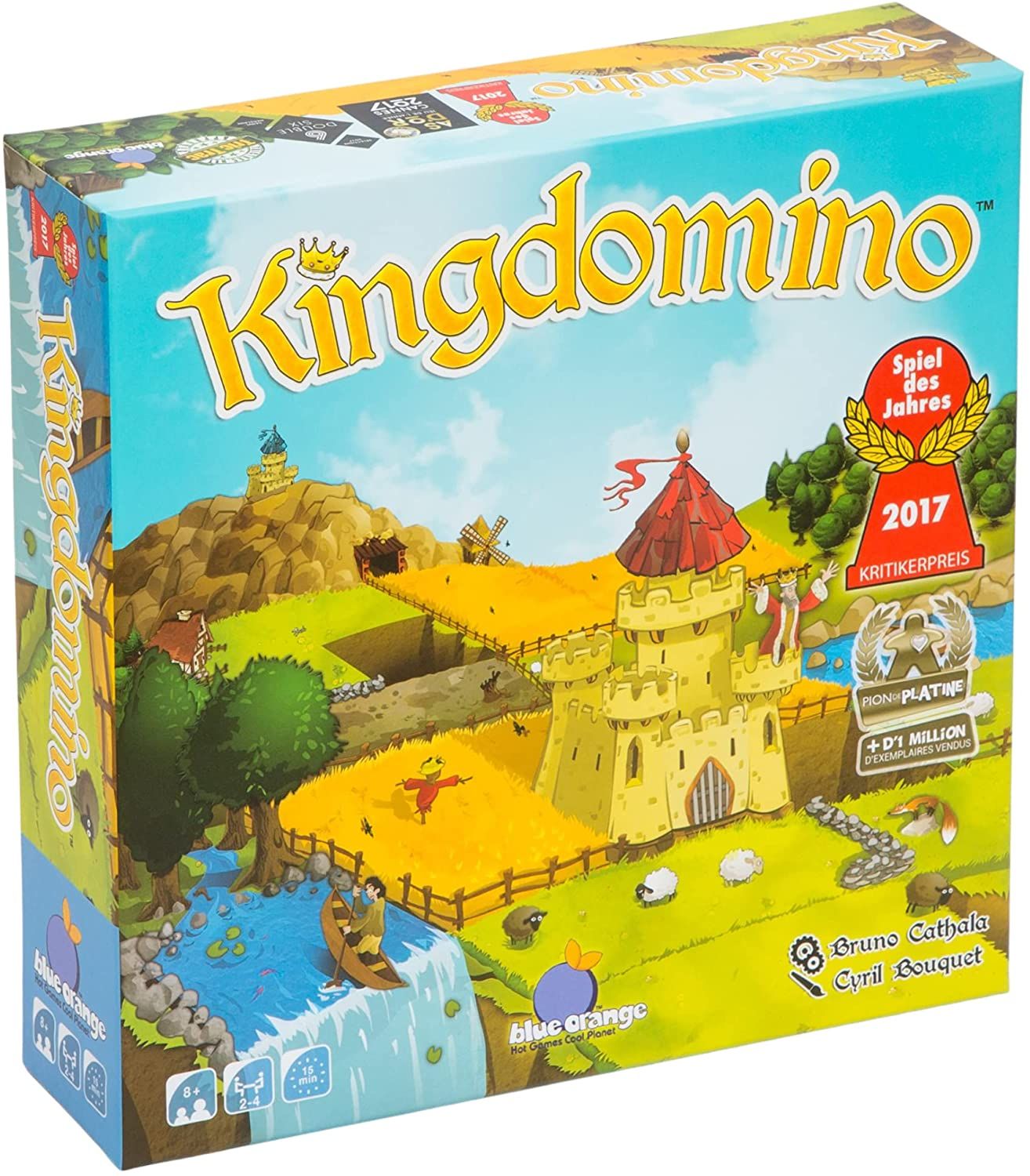 The Kingdomino game box contains a cartoon domino kingdom.