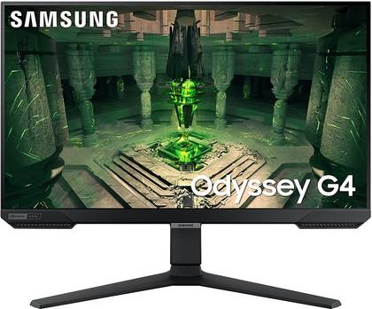 The SAMSUNG Odyssey G4 on a screen displaying its name, company of origin, and a dark green fantasy world.